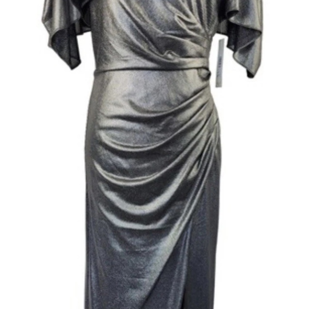 Eliza J Silver Metallic 80’s Style V-Neck Maxi Dress W: Shoulder Pads View 3